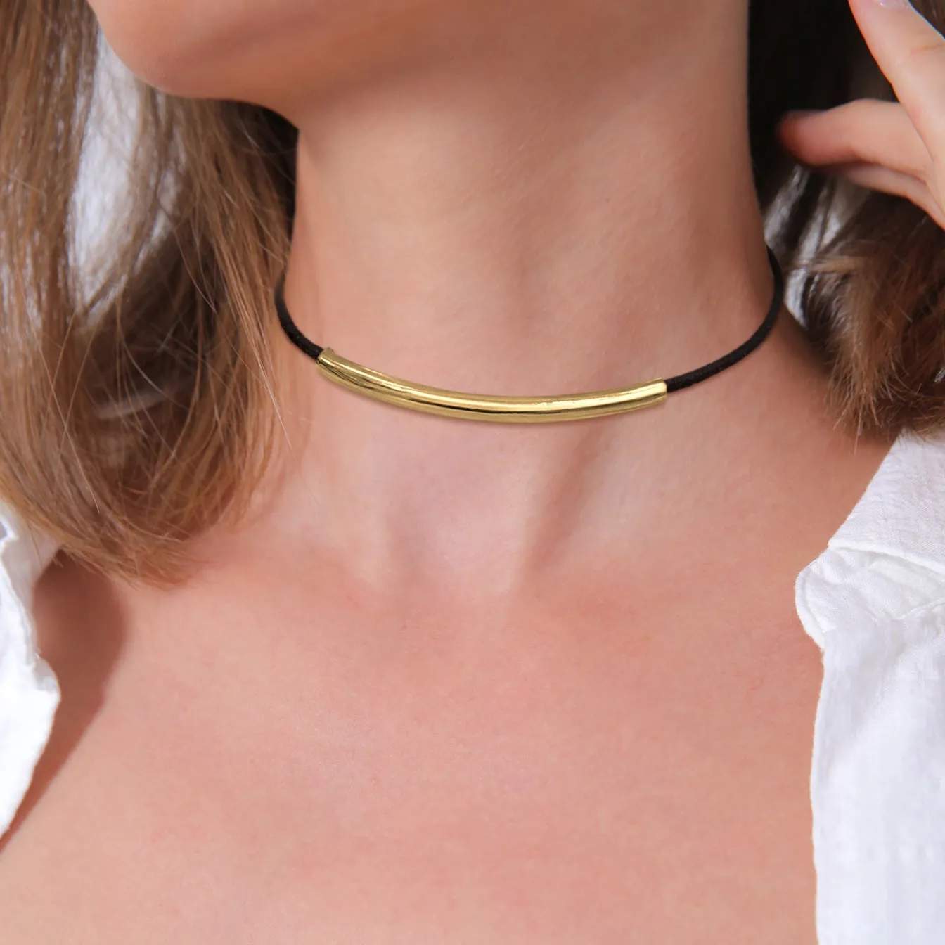 Elli "Choker | Synthetisches Leder (Schwarz)< Vergoldet|Halsketten