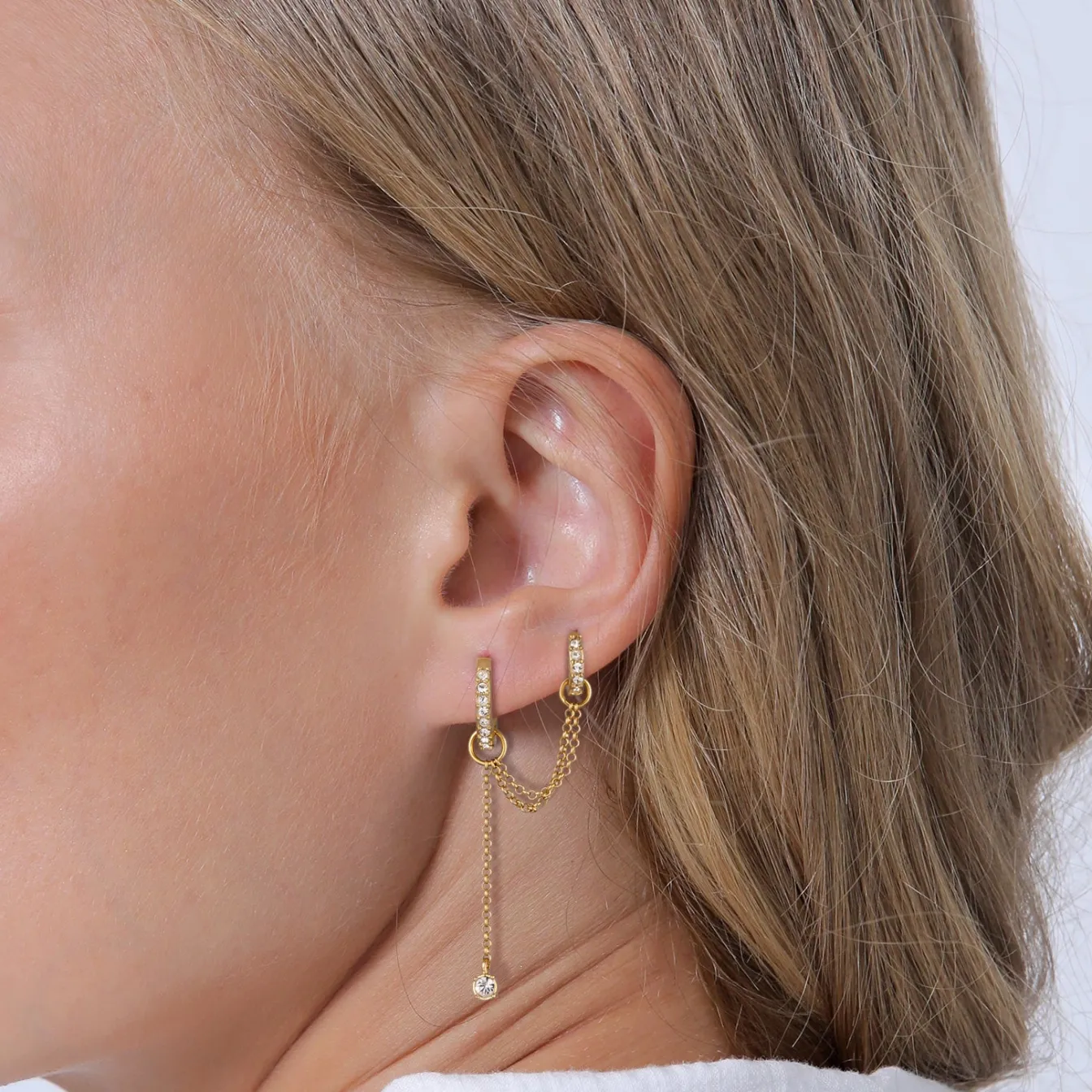 Elli "Creole Ear Chain | Glas Kristalle (Weiß)< Vergoldet|Ohrringe