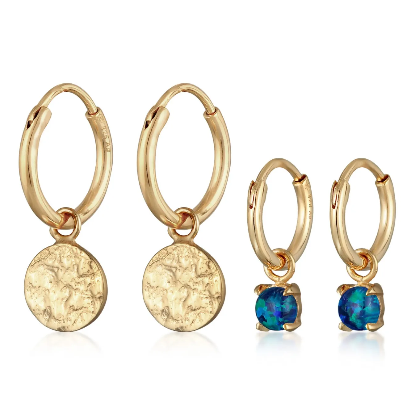 Elli "Creolen Set Plättchen |Synt. Opal (blau)< Vergoldet|Ohrringe