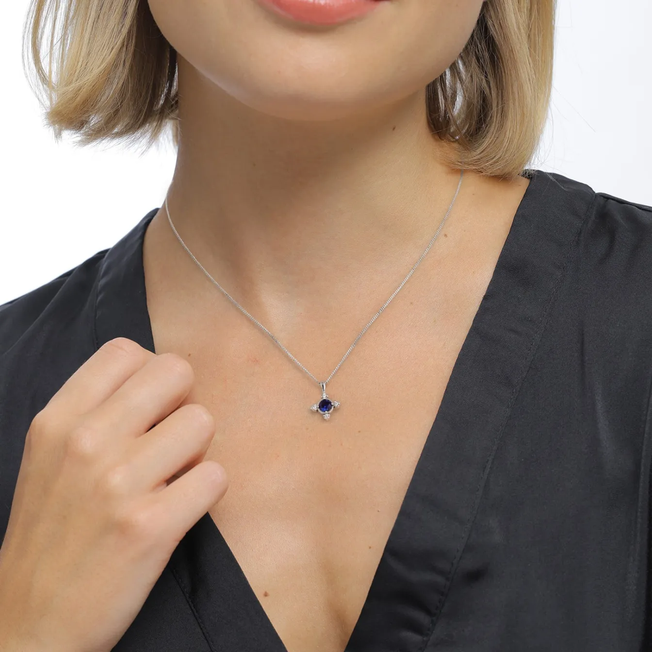 Elli "Halskette Kreuz | Saphir (Blau) & Laborgezüchteter Diamant (Weiß, 0.06< Symbol-schmuck|Diamanten