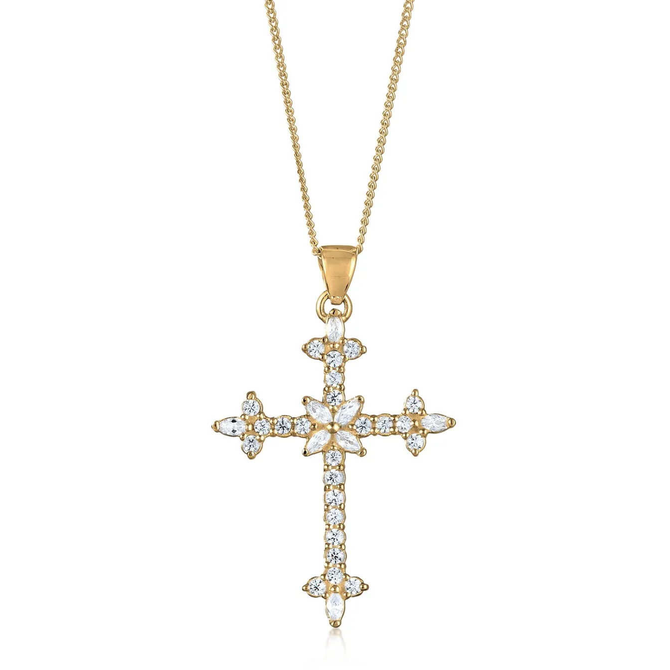 Elli "Halskette Kreuz | Zirkonia (Weiß)< Vergoldet|Symbol-schmuck