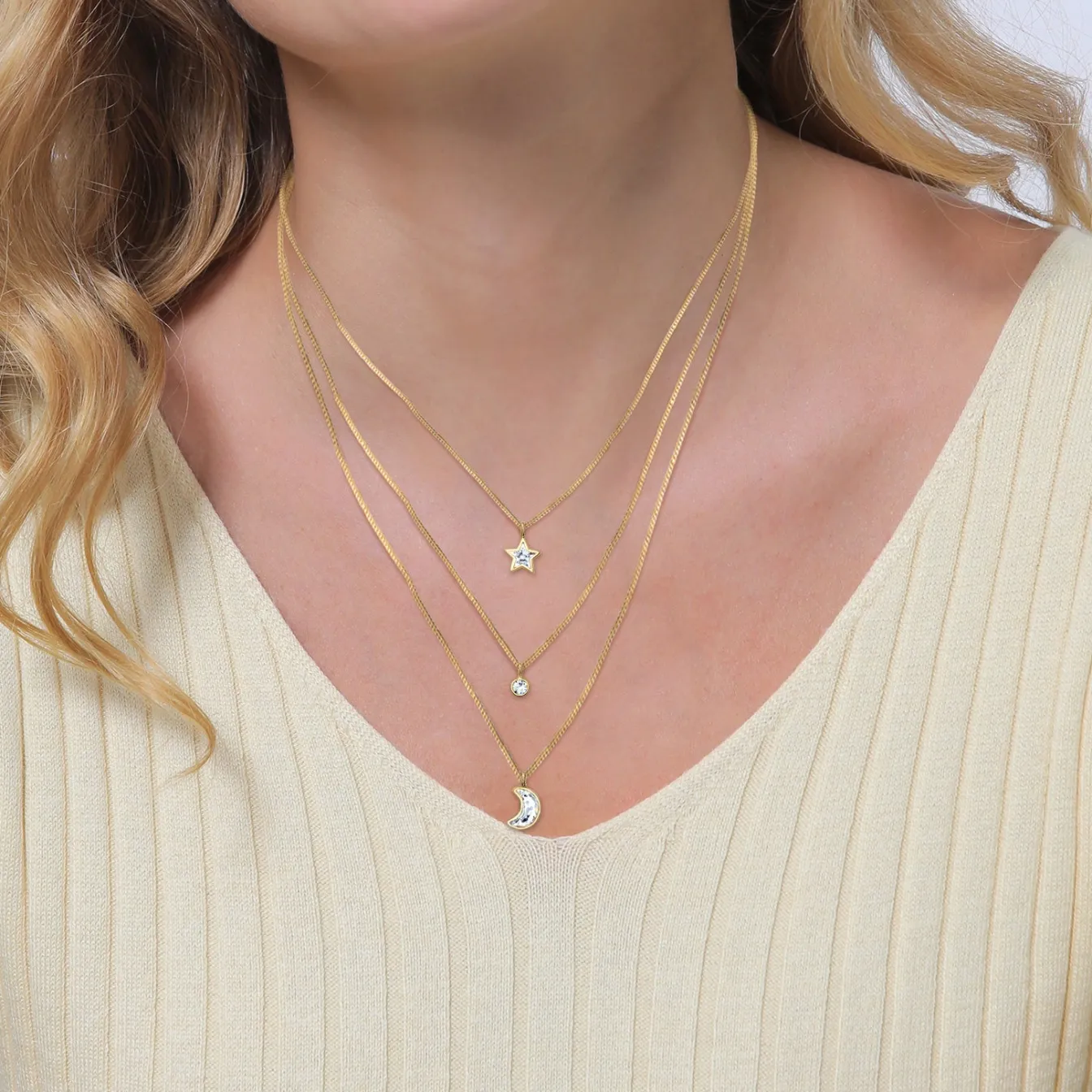 Elli "Layer-Halskette Astro | Kristall (Weiß)< Vergoldet|Symbol-schmuck