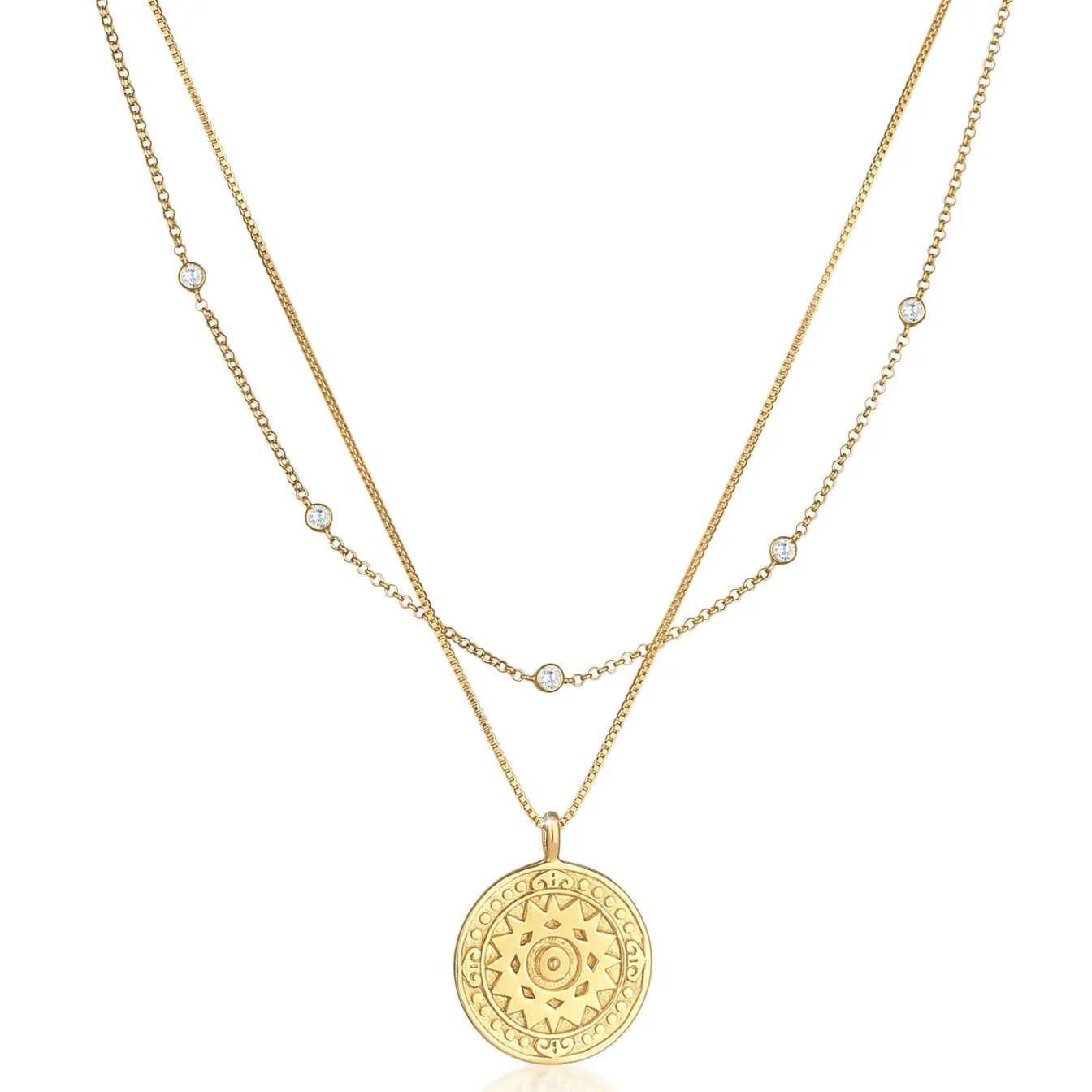 Elli "Layer-Halskette Münze | Zirkonia (weiß)< Vergoldet|Symbol-schmuck