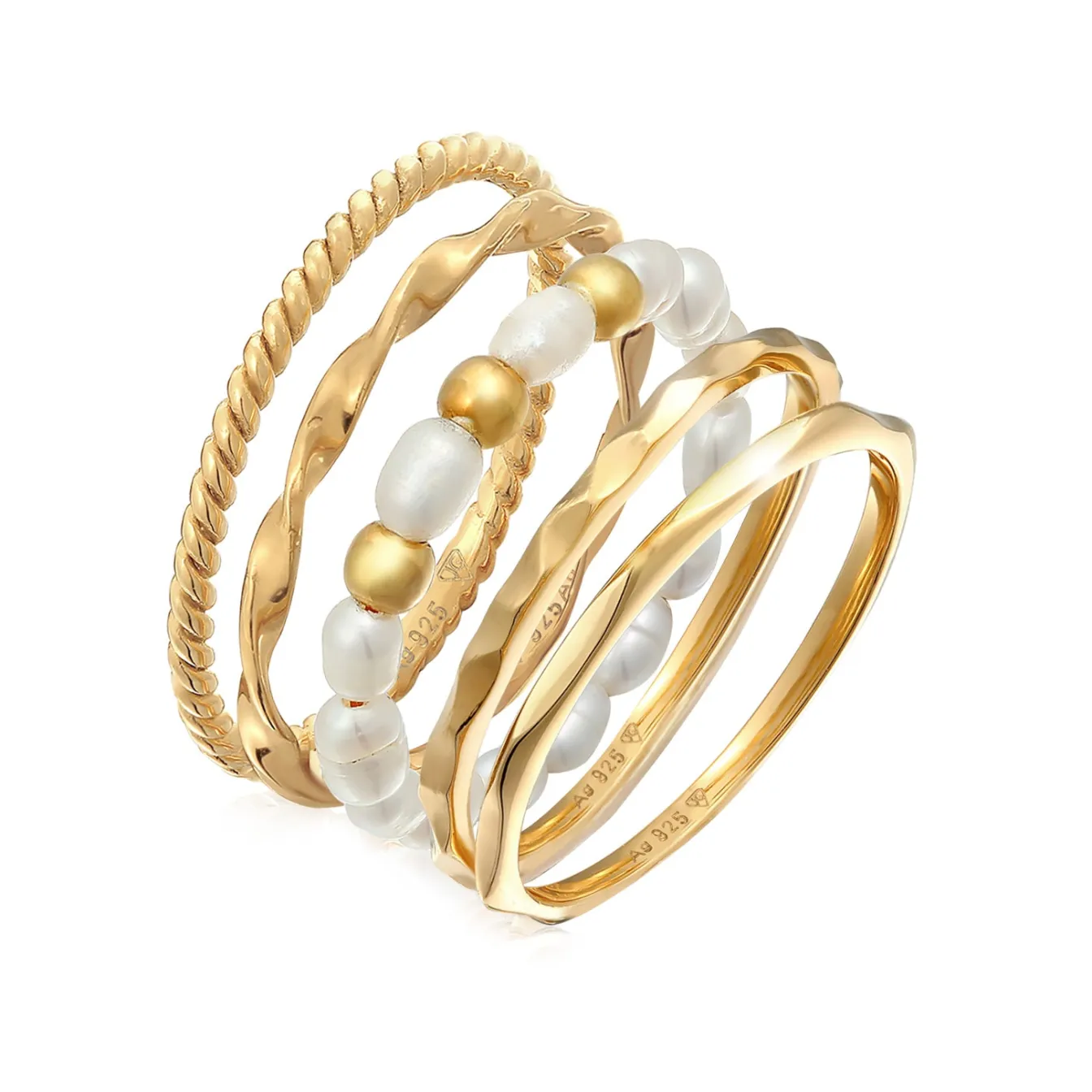 Elli "Ring 5er Set | Süßwasserzuchtperlen< Vergoldet|Perlen