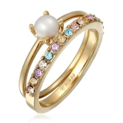 Elli "Ringset | Glaskristalle (Bunt) & Süßwasserzuchtperle< Vergoldet|Perlen
