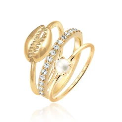 Elli "Ringset Kauri Muschel | Süßwasserperle, Kristalle (Weiß)< Perlen|Ringe