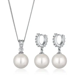 Elli "Schmuckset | Muschelkernperlen & Glas Kristalle (Weiß)< Vergoldet|Schmucksets